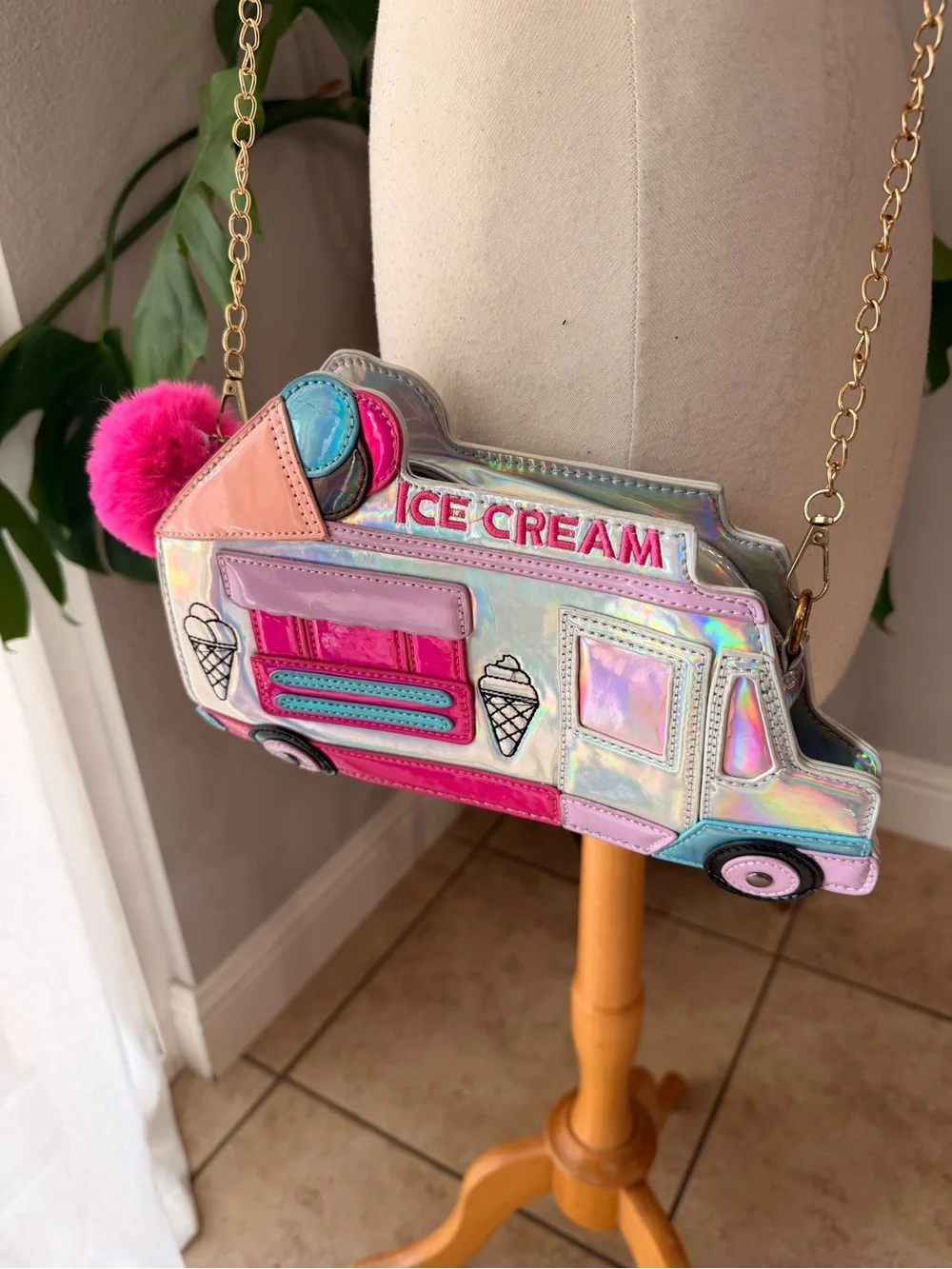 Holographic Ice Cream Truck Crossbody Bag Pink Pom Pom Novelty Purse